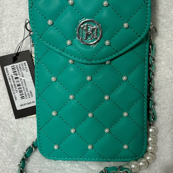 Badgley Mischka Pearls Strap Phone Case with Diamond Quilting and Pearls -Green- - Picture 7 of 12